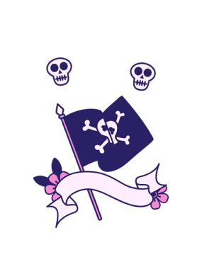 Korsan bayrağı taşıyan geleneksel dövmenin kafatası animasyonu