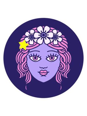 Parıldayan yıldızlar, ikonik dövme şeklindeki çiçek taçlı kadın yüzünün animasyonunu etkiler.