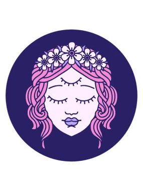 Titreşimli hareketli ikonik dövmeli üçüncü gözlü kadın yüzü görüntüsü.