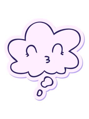 Mutlu çizgi film suratının resimli efekt animasyonunu yazdırılmış etiket tasarımı olarak düşünce baloncuğu ile canlandırın