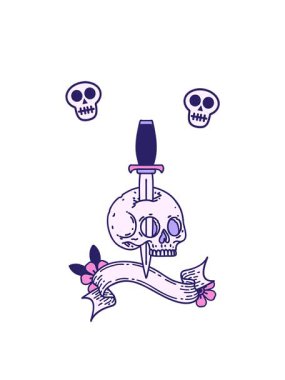 Kafatası animasyonu. Geleneksel bir dövmenin karikatürü. Kafatası dövmesi.