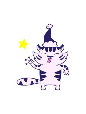 Parlayan yıldızlar, Noel Baba şapkası takan beyaz bir kaplanın el çizimi çiziminin animasyonunu etkiler.