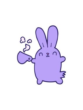 Dikkat çekici bir şekilde elinde kahve fincanı olan sevimli çizgi film tavşanının animasyonu.