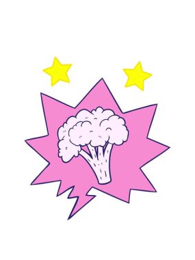 spinning stars animation of cartoon brocoli with speech bubble