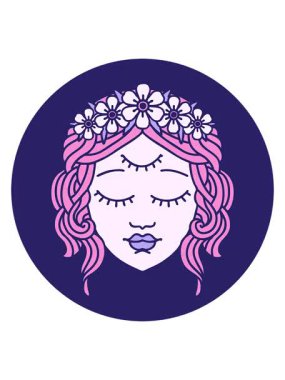 Parlak ışık efekti ikonik dövme stili üçüncü gözlü kadın yüzünün animasyonu