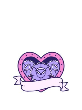 İkonik dövme stili bir kalp ve çiçekli pankartın hareketli animasyonu