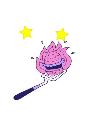 dönen yıldızların çizgi film animasyonu Spatula üzerinde yanan burger