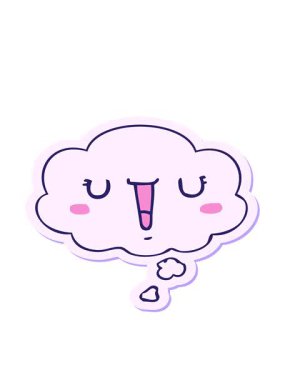 Mutlu bir karikatür yüzünün hareketli animasyonunu basılı çıkartma olarak düşünce baloncuğu ile