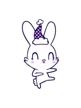 Neon ışığı animasyonu, şirin el çizimi çizgi roman tarzı Noel Baba şapkası takan bir tavşanın çizimi.