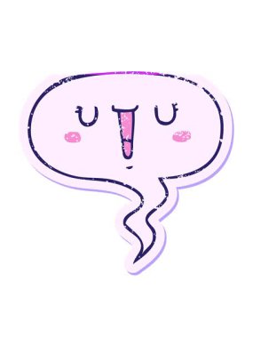 Mutlu çizgi film suratının canlandırmasını canlandırın. Konuşma balonu sıkıntılı eski çıkartma ile.