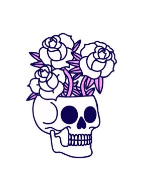 Bir kafatası ve gülün ikonik dövme görüntüsünün neon ışık efekti animasyonu