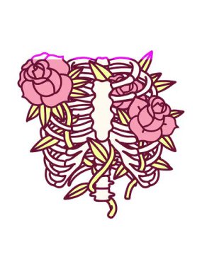 İkonik dövme tarzı göğüs kafesi ve parlak renkli çiçeklerin animasyonunu canlandırın.