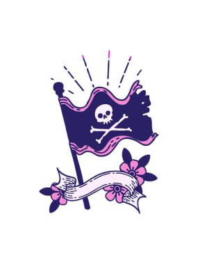 Dövme tarzı korsan bayrağı sallayan parşömen sancağının animasyonunu güçlendir