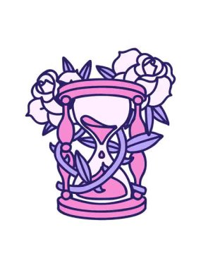 Saat camının ve çiçeklerin dövme stili görüntüsünün canlandırma efektini göster