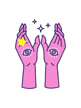 Parlayan yıldızlar mistik el tasarımının animasyonunu etkiler.