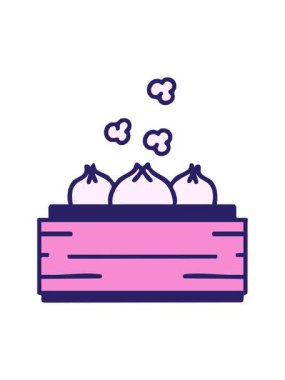 Pikselleştirme efekti sıcak Japon gyoza hamur köftelerinin vapurda canlandırılması