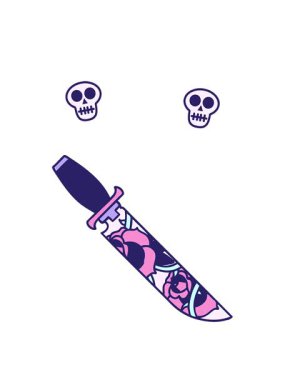 Bir hançer ve çiçek dövmesinin kafatası animasyonu.