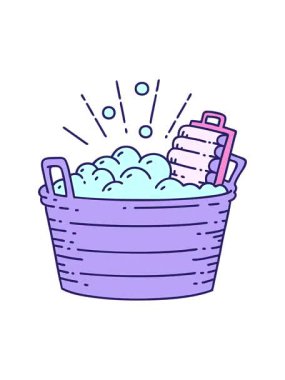 Geleneksel dövme stili eski çamaşır tahtası ve fırçalama kabının hareketli canlandırması