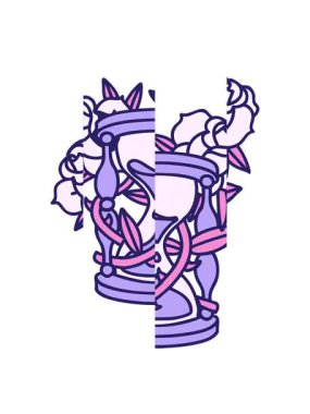 splitting motion animation of iconic tattoo style image of an hour glass with flowers