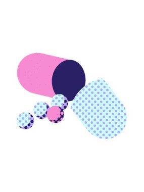 vibrating motion animation of Flat colour illustration of an open capsule pill