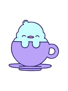 vibrating motion animation of cartoon of a cute baby bird sitting in a tea cup