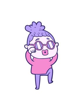 Gözlük takan yorgun kadının hareketli çizgi film animasyonu.