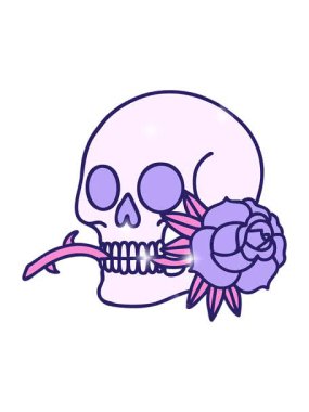 Simgesel dövme çizgi film tarzı bir kafatası ve gülün canlandırma efekti