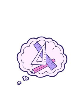 El yazması çizilmiş düşünce baloncuğu çizgi film karakteri ve cetvelinin yanıp sönen radyal çizgileri