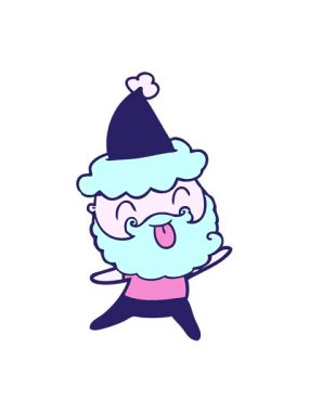 Titreşimli hareket animasyonu. Sakallı, dili dışarı çıkmış, Noel Baba şapkası takan bir adam.