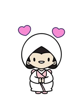 Geleneksel gelinlik giymiş mutlu Japon kadının kalp hareketleri.