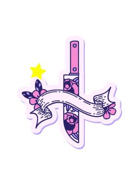 Parıldayan yıldızlar, dövme stili stilini bir hançer ve çiçek pankartıyla canlandırıyor.