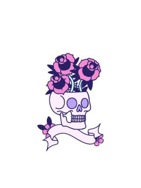 Yanıp sönen radyal çizgiler, geleneksel dövmenin canlandırması, kafatası ve güllerin bayrağıyla.