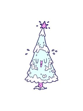 neon light effect animation of snowy christmas tree with happy face