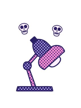 spinning skulls animation of comic book style cartoon of a table lamp