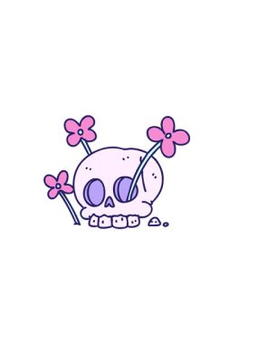 horizontally vibrating animation of cartoon of a skull with flowers growing
