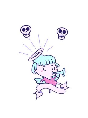 Kafatası animasyonu. Dövme stili trompet çalan bir afiş.