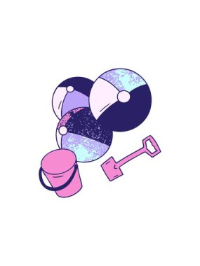 splitting effect animation of hand drawn textured cartoon doodle beach balls with a bucket and spade