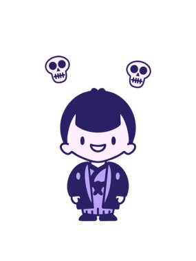 Geleneksel kıyafetler giyen Japon adamın kafatası animasyonu.