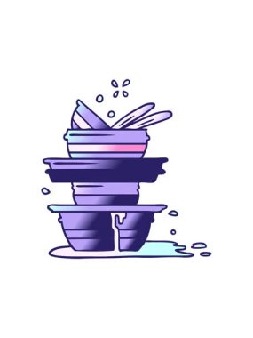 Dikkat çekici el çizimi çizgi film çizimleri kirli tabaklar yığını.