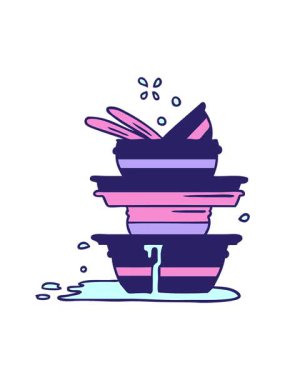 Bir yığın kirli tabağın karikatür karalaması çizilmiş el animasyonunun basınçlı patlaması