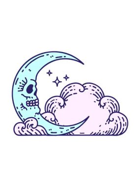 Kafatası hilal ve bulutların geleneksel stiliyle dövmenin dönen hareketli animasyonu