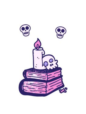 Çizgi film animasyonunun dönen kafatası animasyonu. Ürkütücü eski büyü kitapları.