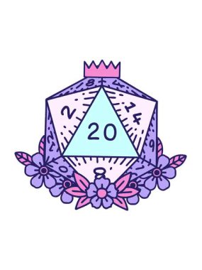 Doğal 20 D20 zarının titreşimli hareketli animasyonu çiçek elementleriyle yuvarlanıyor