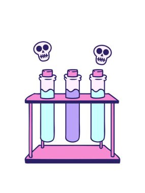 Bir bilim test tüpünün çizgi film karalamalarının kafatası animasyonları.