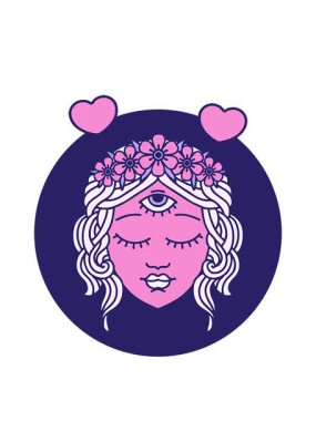 dönen kalp animasyonu ikonik dövme stili kadın yüzü üçüncü göz ve çiçeklerin tacı.
