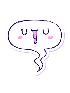 Mutlu çizgi film suratının neon ışığı animasyonu konuşma baloncuğu ile sıkıntılı eski çıkartma