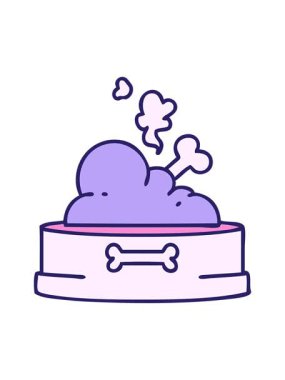 Parlak ışık efekti. Kemikli köpek maması kasesinin çizgi filmi.