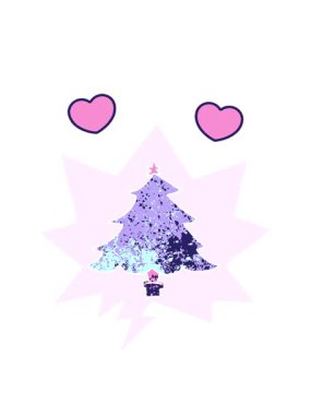 Karikatür karikatür yılbaşı ağacının dönen kalpleri ve grunge dertli retro desenli konuşma balonu.