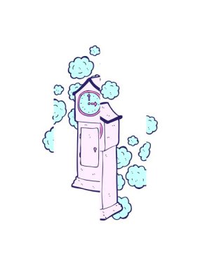 Karikatür tozlu eski büyükbaba saatinin bölünmüş hareketi