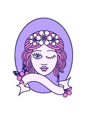 Geleneksel dövmenin hareketli animasyonu. Çiçekten taç takan bir bakirenin sancağıyla.